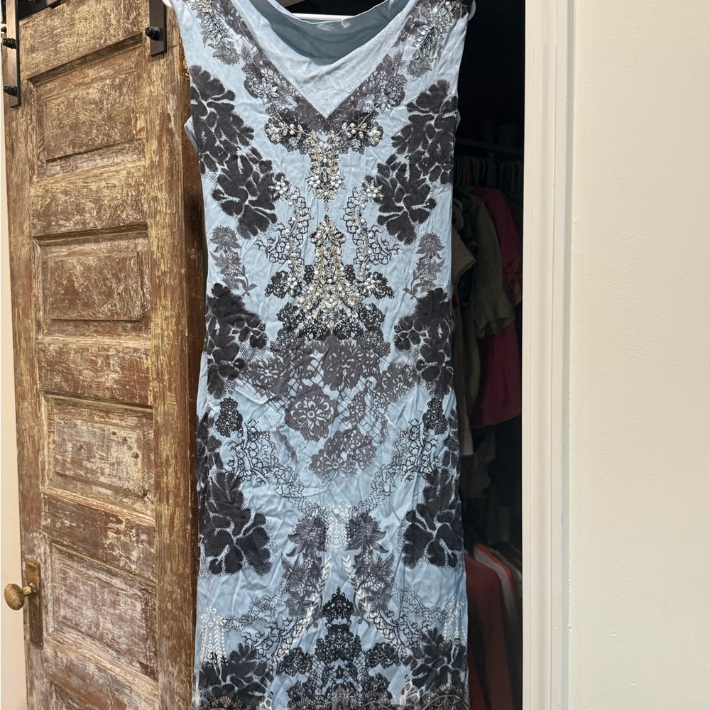 Anthropologie Embellished Light Blue & Black Floral Sheath Dress